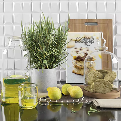 Elegant Kitchen Utensils Featuring Glass Jars Lemons Cookies Recipe Book And Wooden Cutting Board 3d model