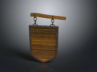 Vintage Wooden Shield Sign With Metal Rivets And Hanging Beam Decor 3d model