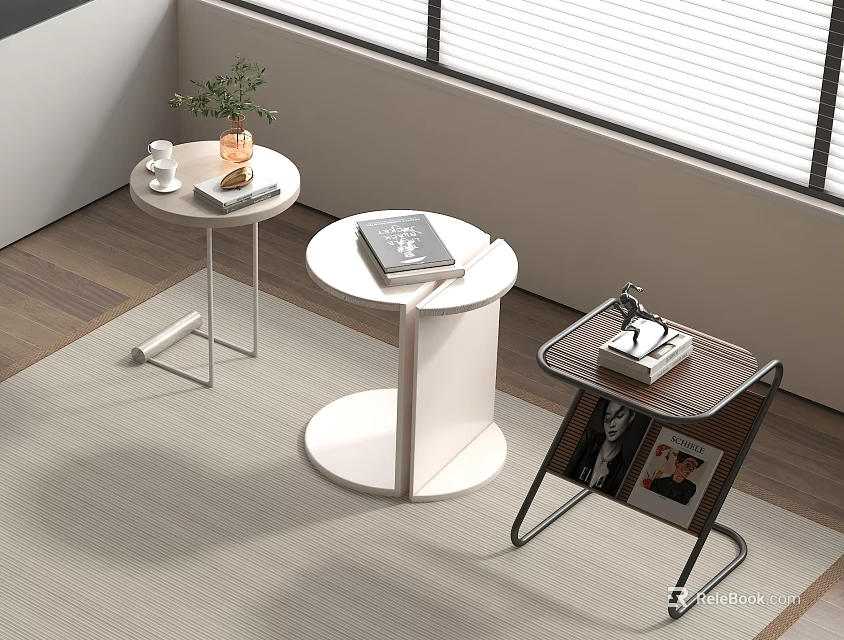 Modern Coffee Table Set With White Round Design Black Metal Frame And Decorative Books 3d model 