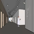 Hospital Outpatient Corridor Scene With Medical Staff 2F Sign Wooden Walls And Ceiling Lights