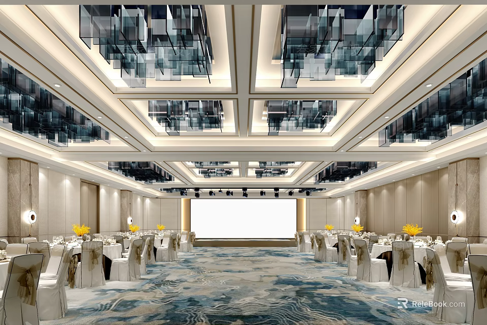 Luxurious Banquet Hall With Modern Ceiling Crystal Chandeliers And Elegant Table Settings 3d model 