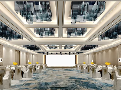 Luxurious Banquet Hall With Modern Ceiling Crystal Chandeliers And Elegant Table Settings 3d model
