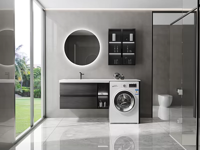 Modern Bathroom Cabinet With Washing Machine Round Mirror Black Wall Cabinet And Marble Countertop 3d model