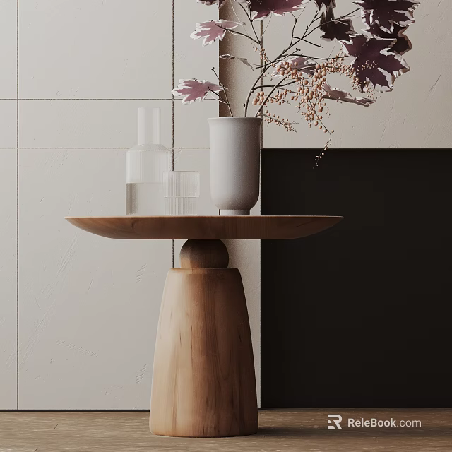Minimalist Wooden Side Table with Round Top Vase Flowers and Transparent Bottles in Neutral Tones 3d model 