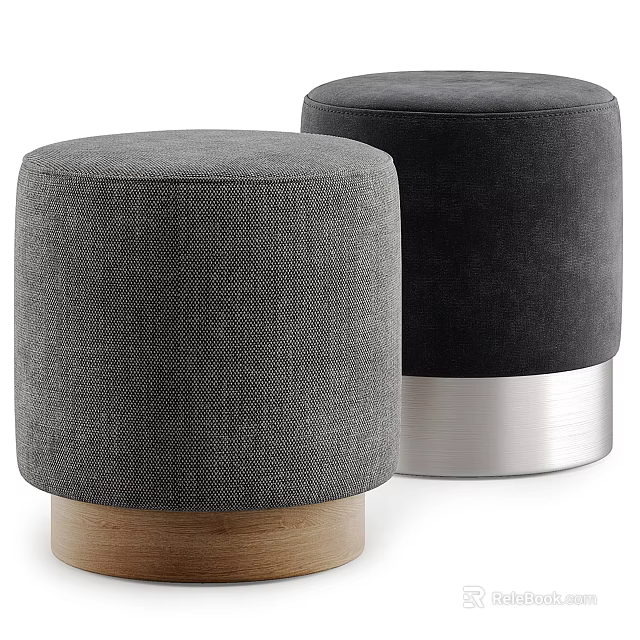 Two Modern Ottomans with Gray Fabric Wooden Base and Black Velvet Metal Base Design 3d model 