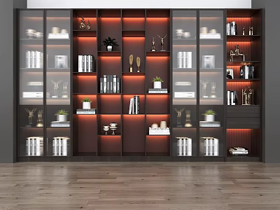 Modern Wooden Frame Bookshelf With Glass Doors Books Decorative Plants And Lighting 3d model