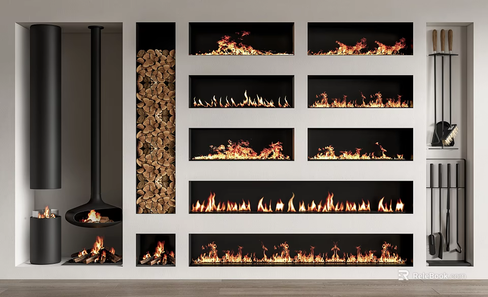 Modern Home Interior Featuring Multi Panel Built In Fireplace With Realistic Flames And Wood Stack 3d model 