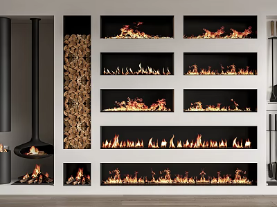 Modern Home Interior Featuring Multi Panel Built In Fireplace With Realistic Flames And Wood Stack 3d model