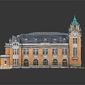 European Architecture Model Featuring Yellow Facade Green Spire Arched Windows And Ornate Details