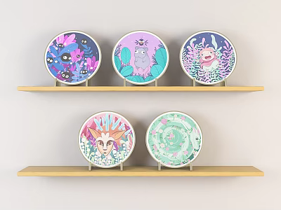 Colorful Decorative Plates With Unique Designs Displayed On Wooden Wall Shelves 3d model