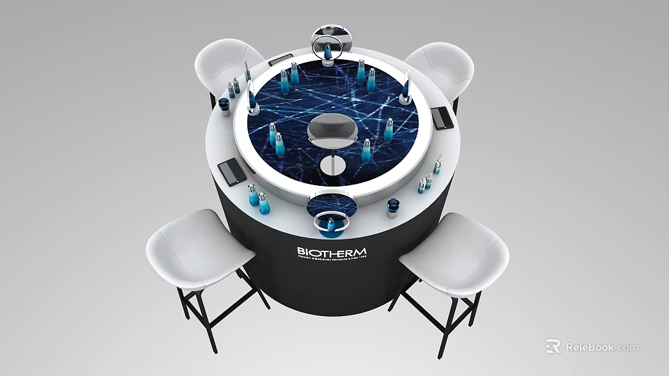 Circular Display Shelf for BIOTHERM Exhibition with Blue Bottles and White Chairs 3d model 