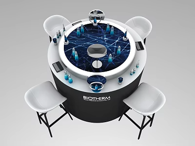 Circular Display Shelf for BIOTHERM Exhibition with Blue Bottles and White Chairs 3d model