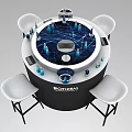 Circular Display Shelf for BIOTHERM Exhibition with Blue Bottles and White Chairs