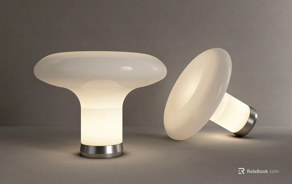 Two Modern White Table Lamps With Silver Base Illuminated In Room 3d model 