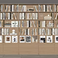 Modern Multi Section Bookshelf Interior With Stacked Books Decorative Sculptures And Photo Frames
