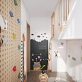 Kids Room Interior With Bunk Bed Chalkboard Wall Desk Round Rug And Toys