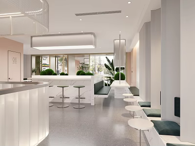 Elegant Modern Restaurant Interior Design With White Bar Counter Green Plants And Seating 3d model