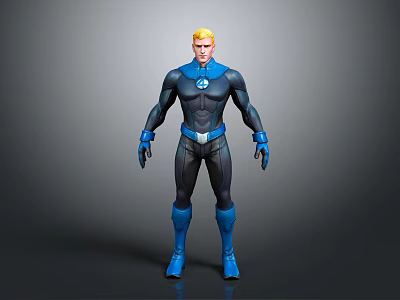 Blonde Hair Superhero Game Movie Character With Black Blue Costume Chest Logo Blue Boots Gloves 3d model