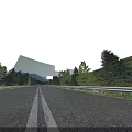 Swing Door Along Country Road With Trees Guardrails Billboard And Mountains
