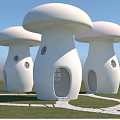 Whimsical Mushroom Shaped Buildings In Park Landscape With Trees And Pathways 3d model