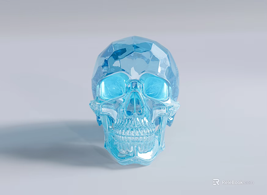 Blue Transparent Crystal Skull Decorative Ornament with Faceted Details for Home Decoration 3d model 