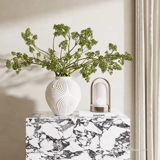 White Textured Vase With Green Foliage On Marble Countertop With Small Lamp And Neutral Curtains 3d model 