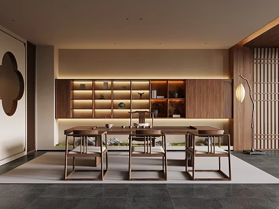 Modern Chinese Tea Room Interior With Wooden Display Shelves Tea Sets And Lighting 3d model