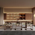 Modern Chinese Tea Room Interior With Wooden Display Shelves Tea Sets And Lighting