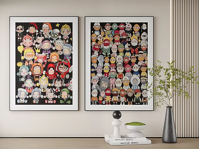 Abstract Paintings With Cartoon Character Heads Dense Arrangement Black Background White Frames And Interior Decor 3d model