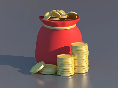 Red Money Bag Filled With Gold Coins And Stacks Of Spilled Coins 3d model