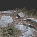 Natural Wood and Stone Elements in Outdoor Setting with Textured Surfaces and Dry Grass