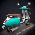 Turquoise Vintage Scooter With Brown Seat Round Mirrors And Beige Wheels