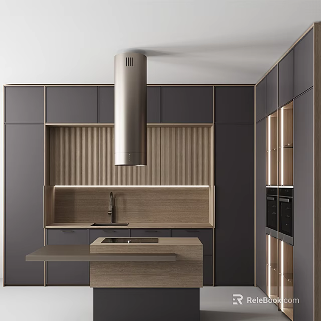 Dark Cabinets In Modern Kitchen Interior With Wooden Panels Island And Range Hood 3d model 