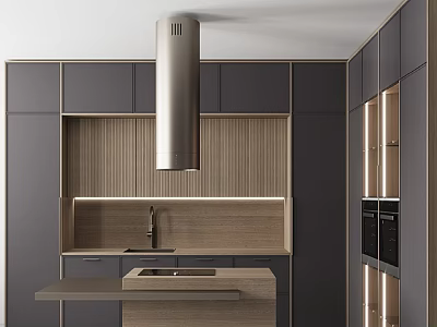 Dark Cabinets In Modern Kitchen Interior With Wooden Panels Island And Range Hood 3d model