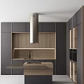 Dark Cabinets In Modern Kitchen Interior With Wooden Panels Island And Range Hood