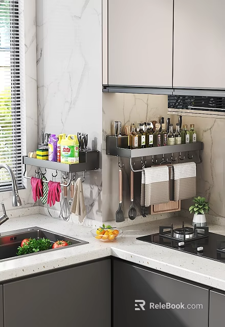 Kitchen Wall Mounted Spice Rack Organizing Condiment Bottles And Cooking Utensils 3d model 