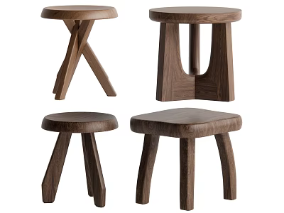 Wooden Stools With Crossed Straight And Curved Leg Designs For Modern Home 3d model