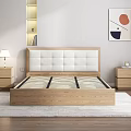 Double Bed In Modern Bedroom With White Padded Headboard Wooden Frame And Striped Mattress