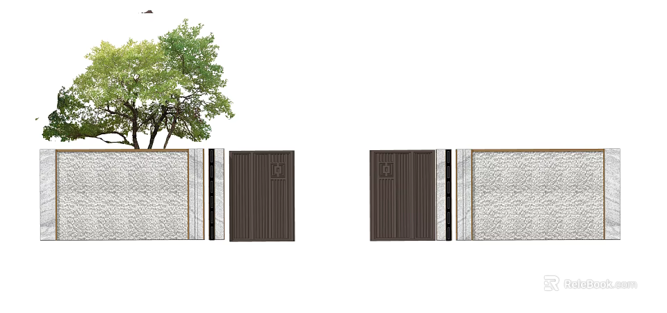 Modern Feature Wall Design With Brown Wooden Panels White Stone And Green Tree 3d model 