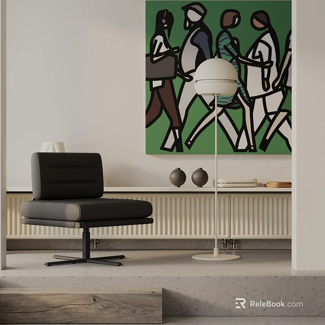 Black Leisure Chair With White Floor Lamp Green Abstract Painting And Radiator In Contemporary Interior 3d model 