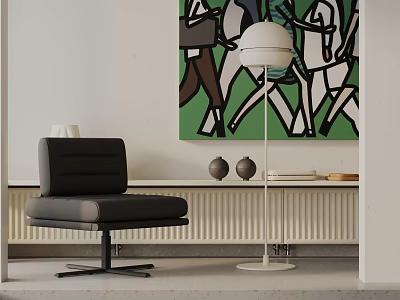 Black Leisure Chair With White Floor Lamp Green Abstract Painting And Radiator In Contemporary Interior 3d model