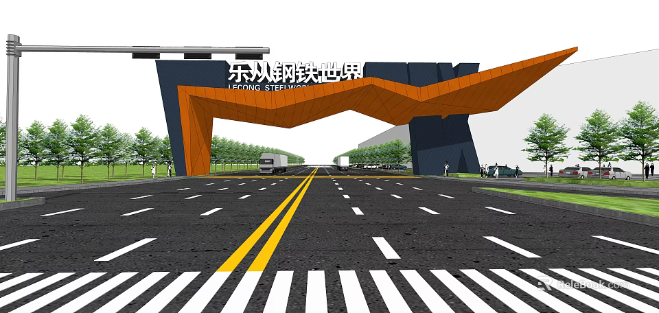Modern Lecong Steel World Entrance Gate With Geometric Structure And Road Vehicles 3d model 