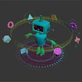 Blue 3D Grid Robot Surrounded By Glowing Neon Shapes Triangles Stars And Rings