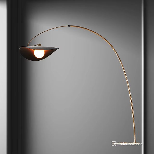 Modern Illuminated Floor Lamp With Golden Arc Stand And Dark Shade Against Gray Wall 3d model 