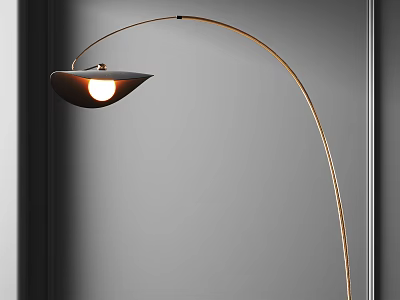 Modern Illuminated Floor Lamp With Golden Arc Stand And Dark Shade Against Gray Wall 3d model