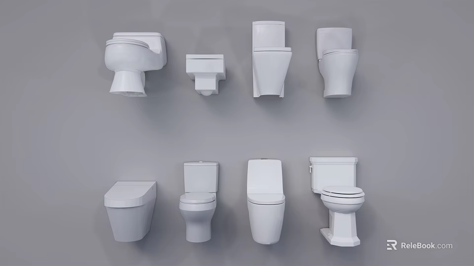 White Toilets In Various Styles Displayed As Collection On Gray Background 3d model 