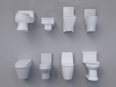 White Toilets In Various Styles Displayed As Collection On Gray Background 3d model