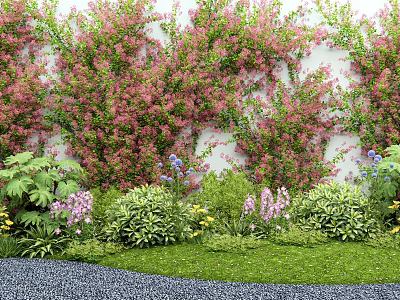 Lush Climbing Vines With Pink Flowers On White Wall And Green Garden Plants 3d model