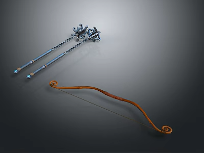 Traditional Decorative Weapons Design With Wooden Bow And Metal Nunchucks 3d model