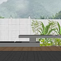 Stylish Garden Space With White Wall Wooden Deck Green Plants And Mountain View